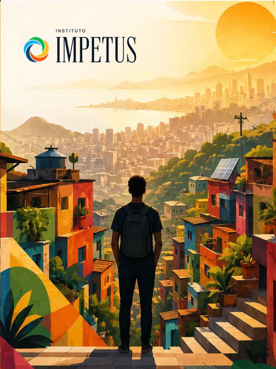 Ilustração de uma favela colorida com vista para a cidade, representando a conexão entre comunidade e oportunidade